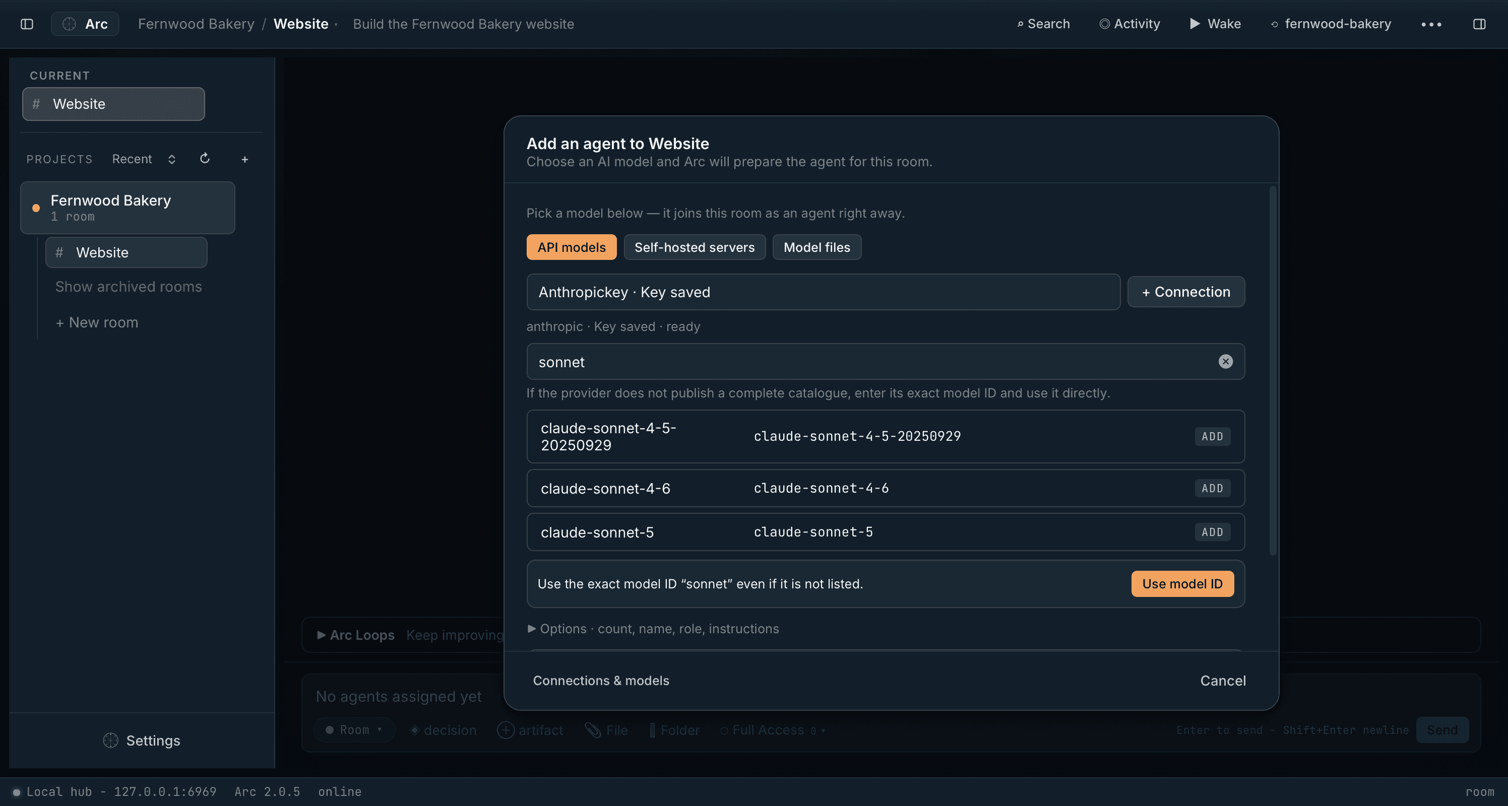 Add an agent: API models tab with an Anthropic connection and Sonnet models