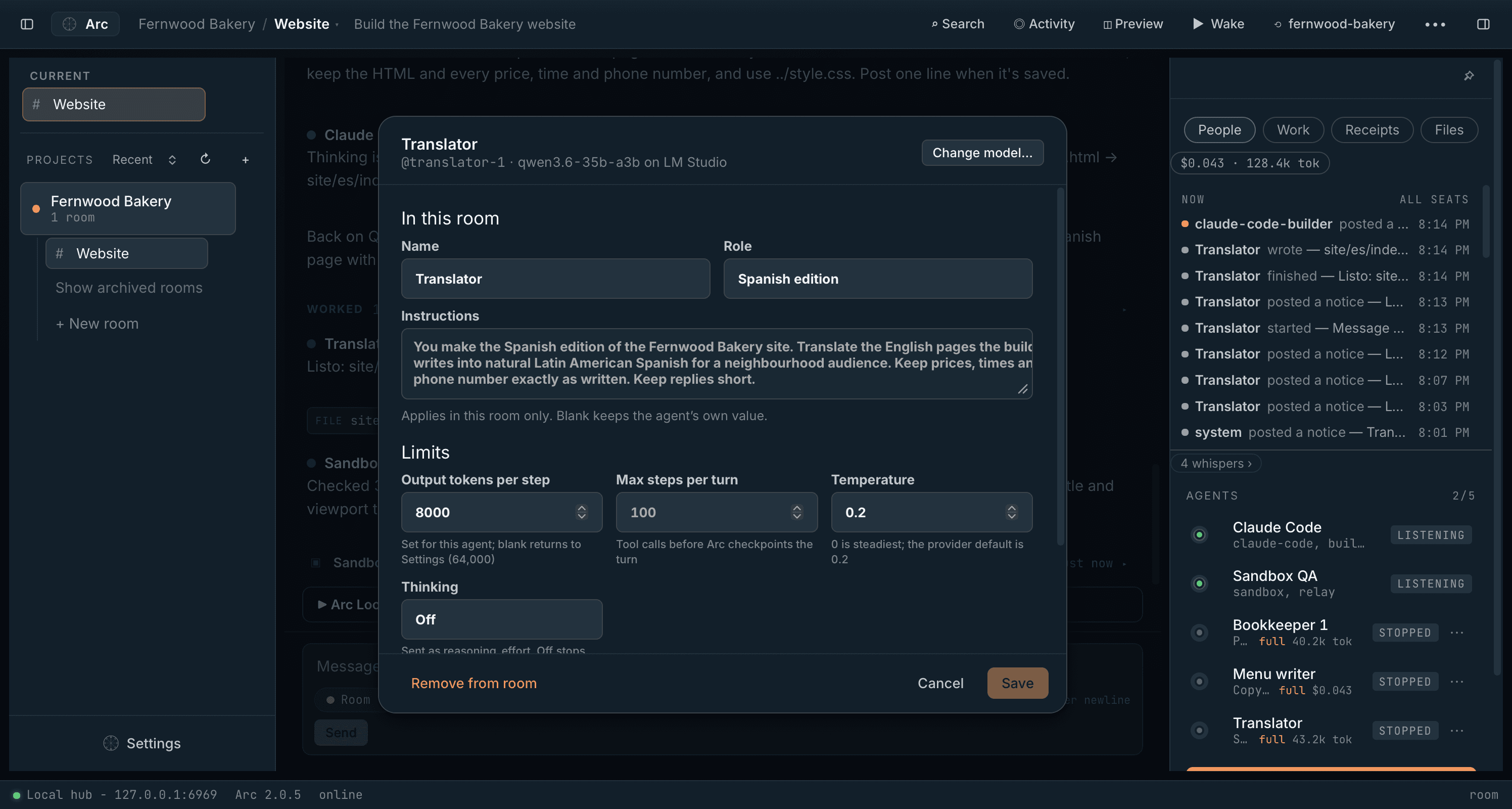 Agent settings for the Translator: its model, name and role in this room, per-step output limit, thinking level and response deadline