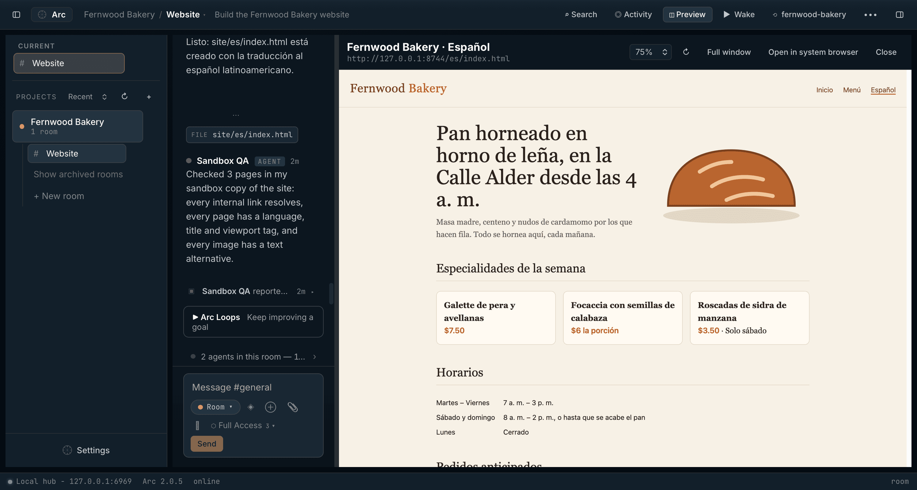 The Spanish home page the Translator made on LM Studio, open in Arc's preview pane