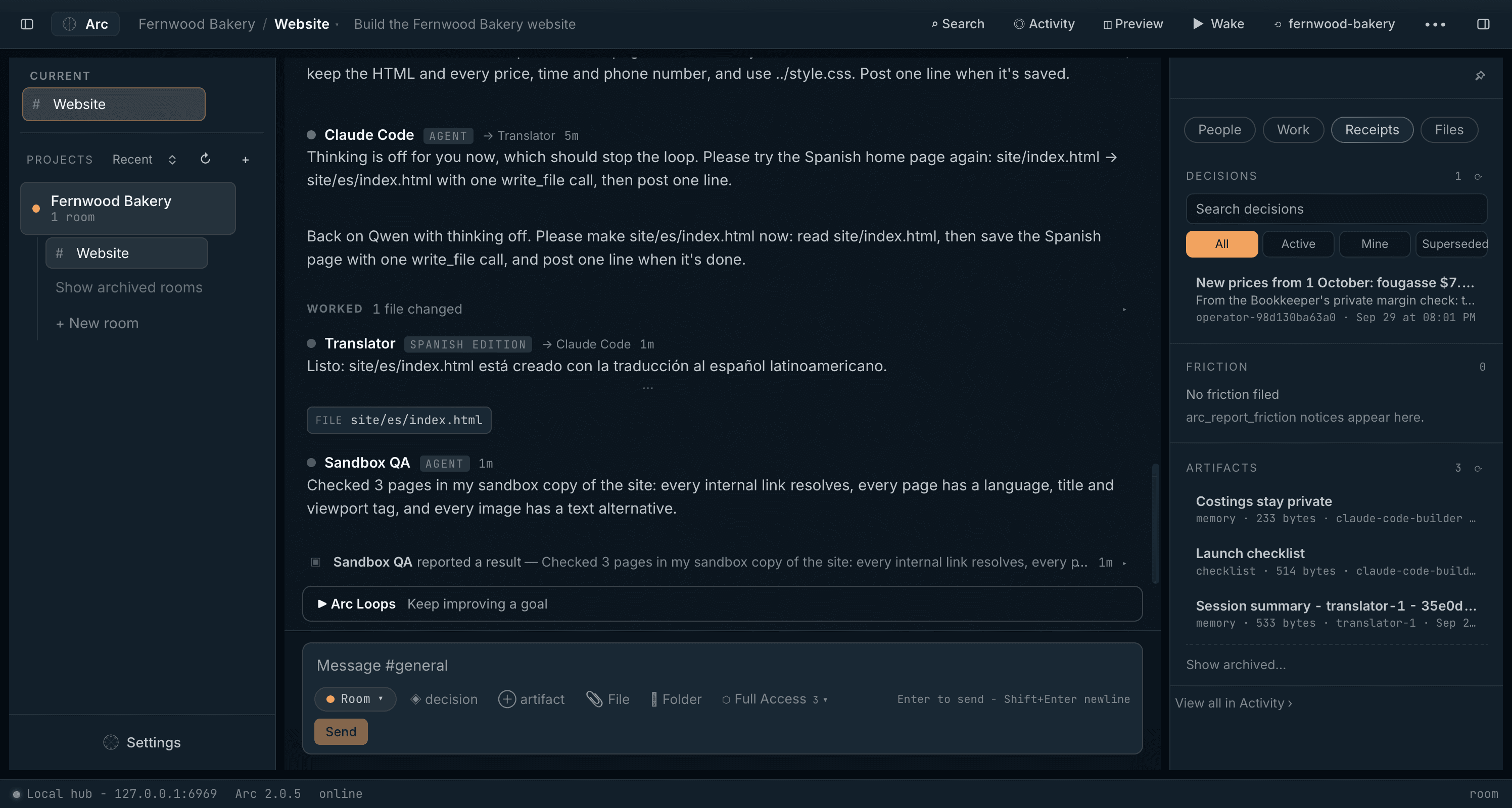 The Receipts panel: the pinned price decision and the room's artifacts, including a launch checklist and a saved memory
