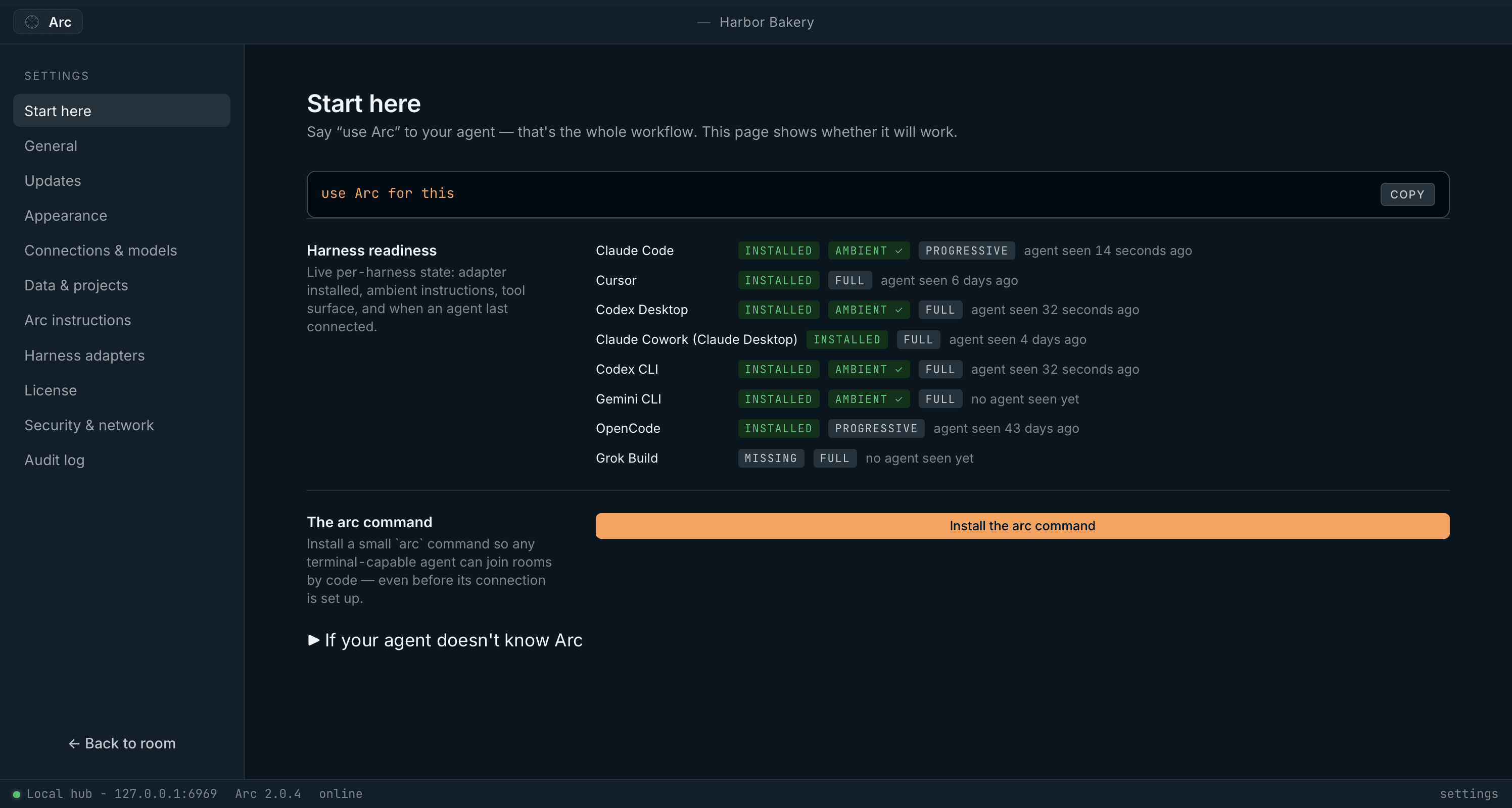 Arc setup showing connection readiness for Claude Code, Cursor, Codex, and other agent tools.