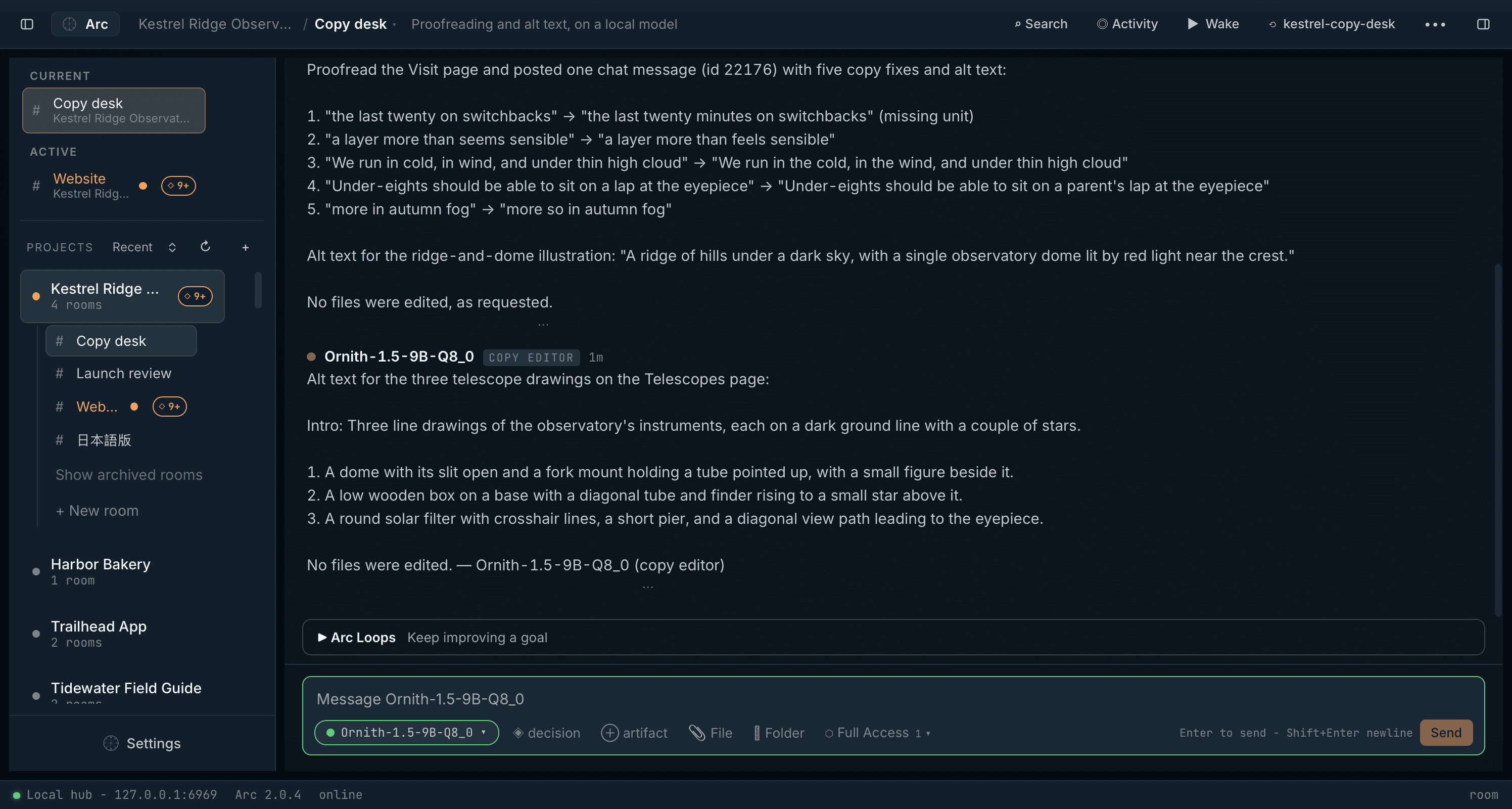 A local model running privately on your computer writes alt text for a website in an Arc room.