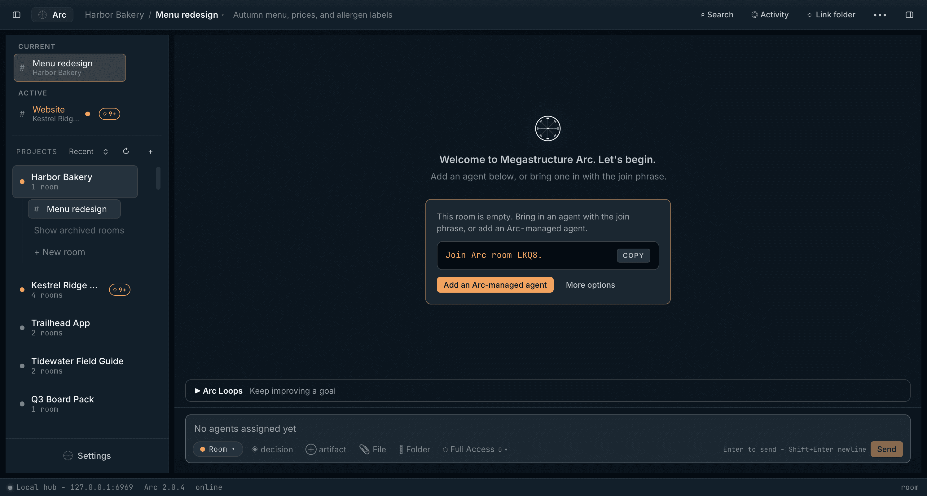 A new Arc room, ready to invite your agent or add an Arc-managed agent.