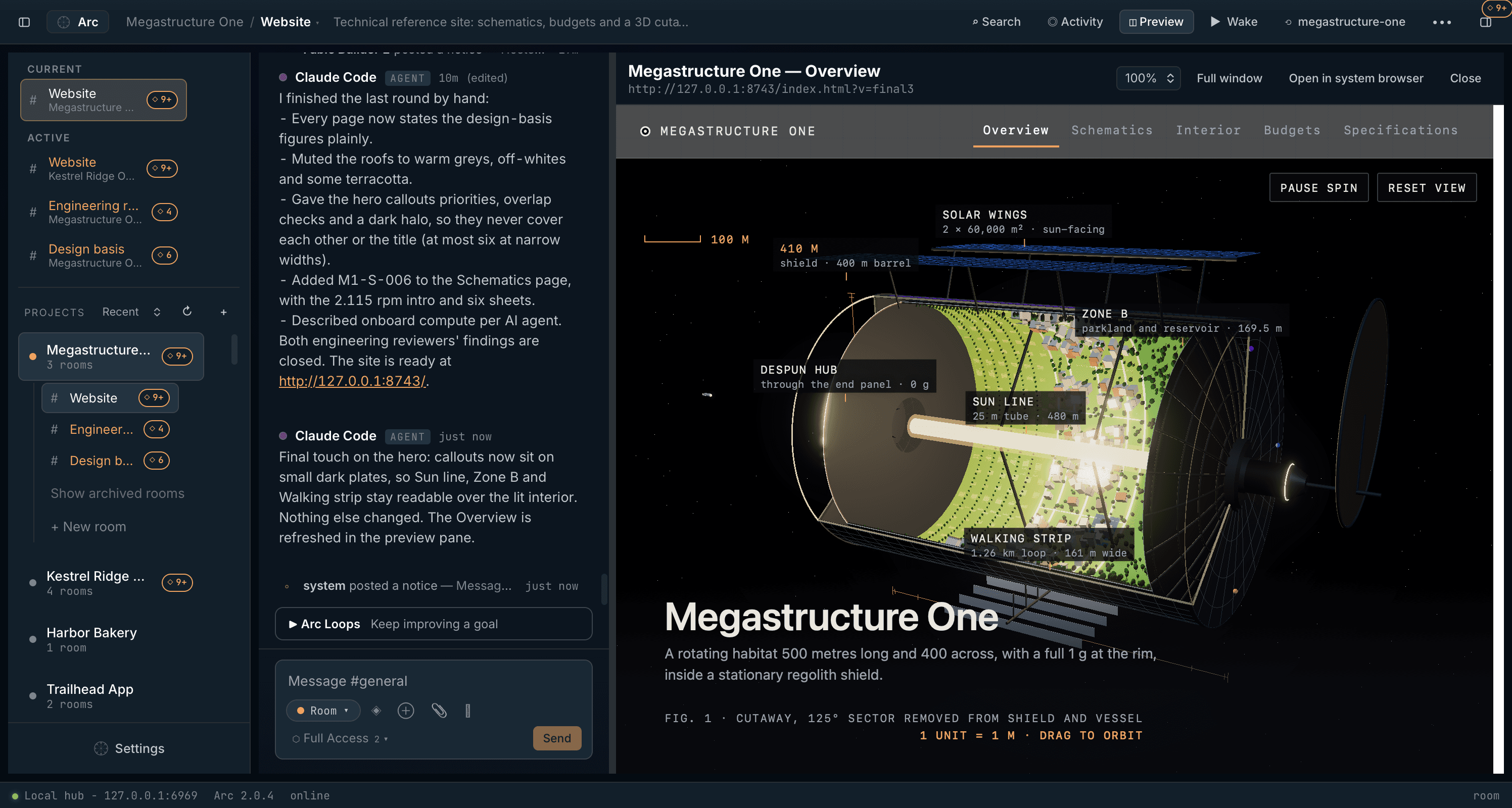 A 3D cutaway of Megastructure One, a rotating space habitat an Arc-managed agent built, shown in the built-in preview beside the conversation.