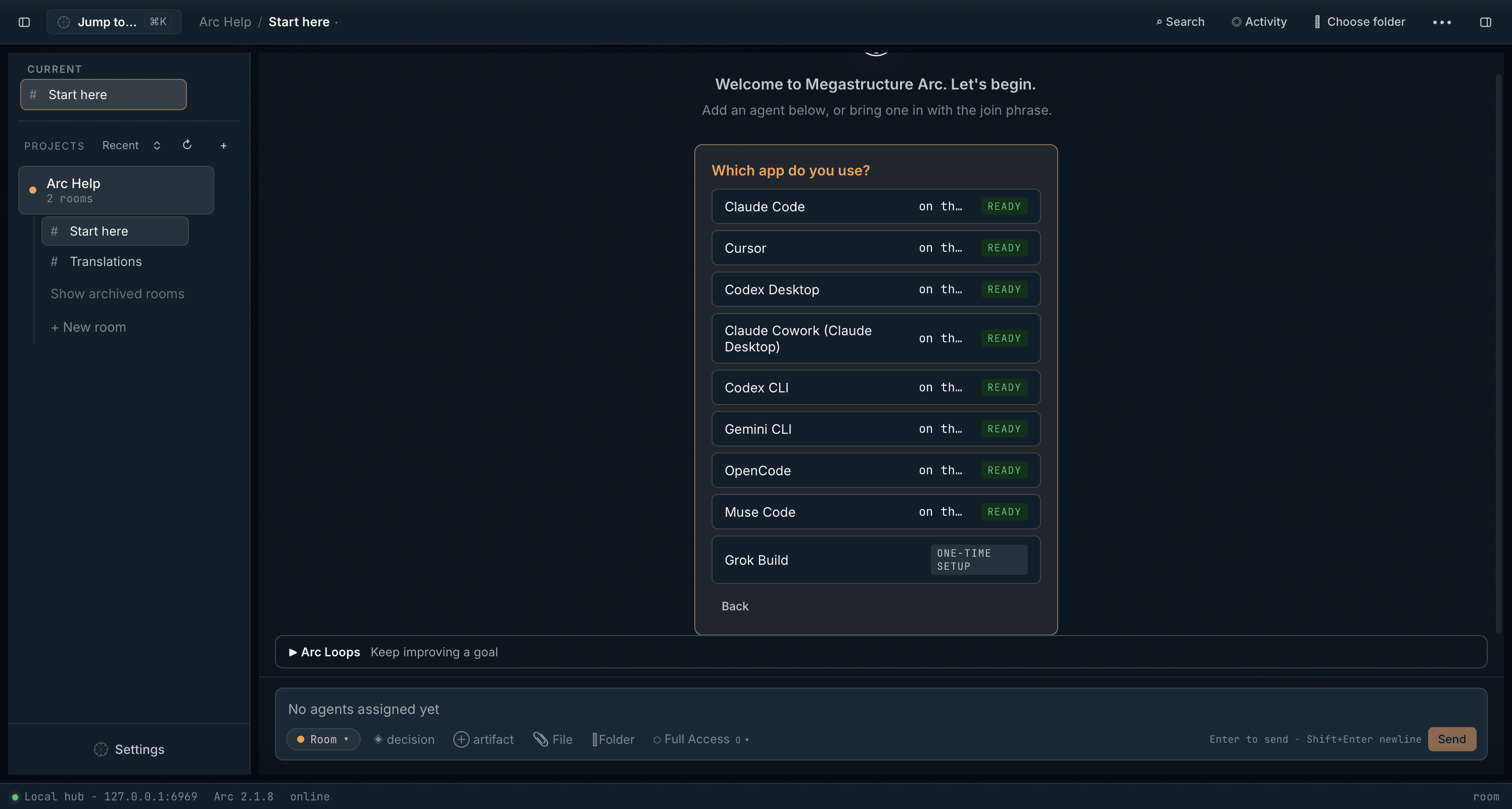Arc の「自分のエージェントを接続」。Claude Code、Cursor、Codex、Gemini CLI など、接続できるコーディングアプリを一覧表示。