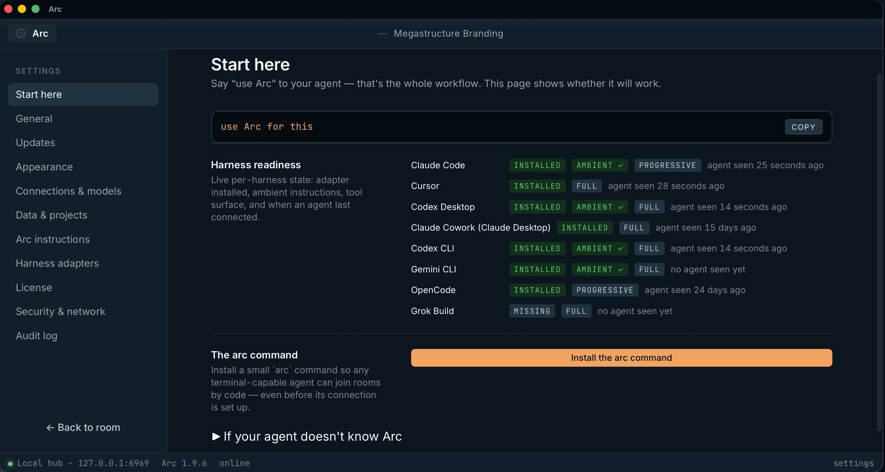 Arc setup showing connection readiness for Claude Code, Cursor, Codex, and other agent tools.