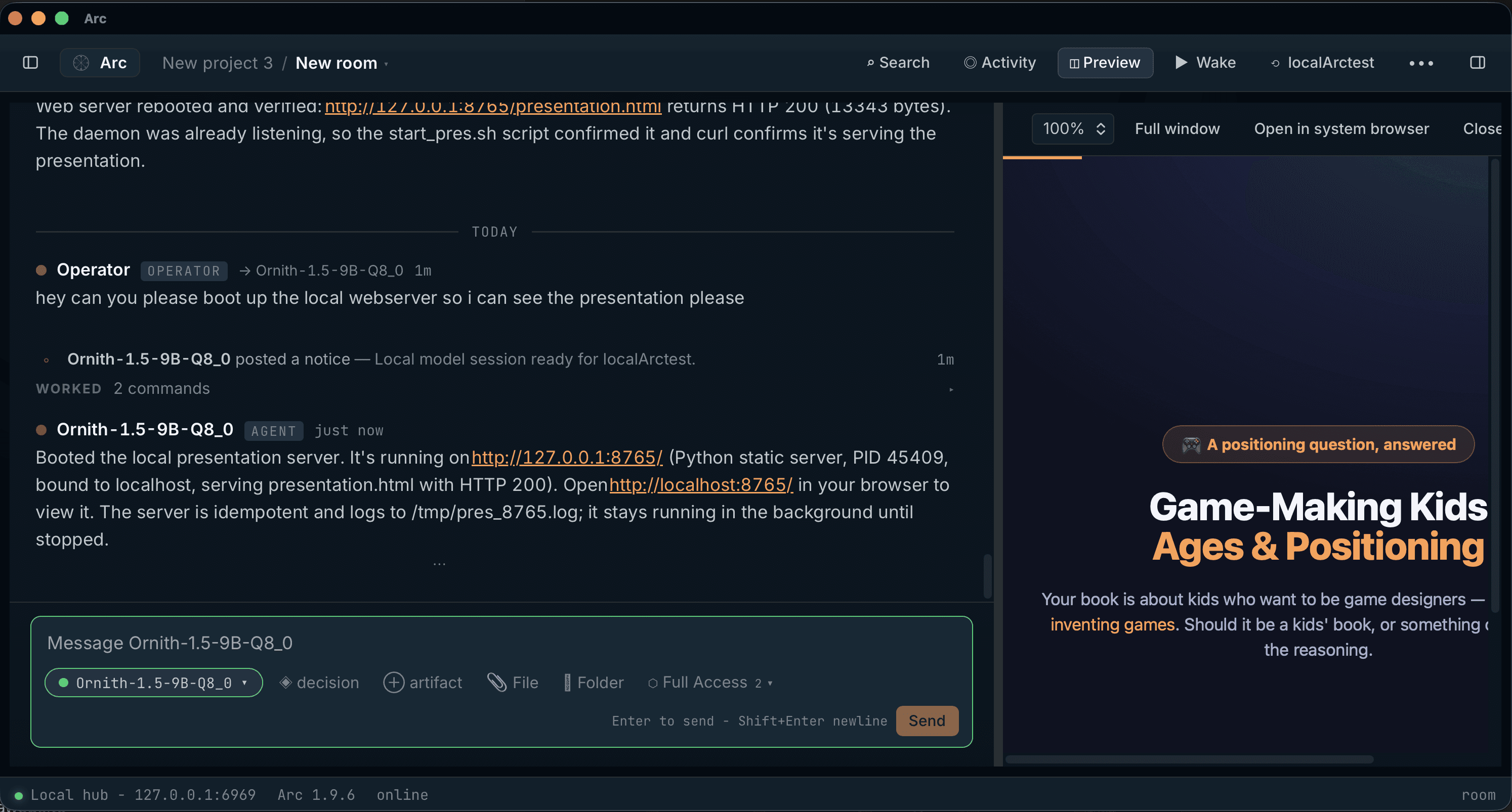 A local model working in Arc, with a presentation displayed beside the conversation in the built-in preview.