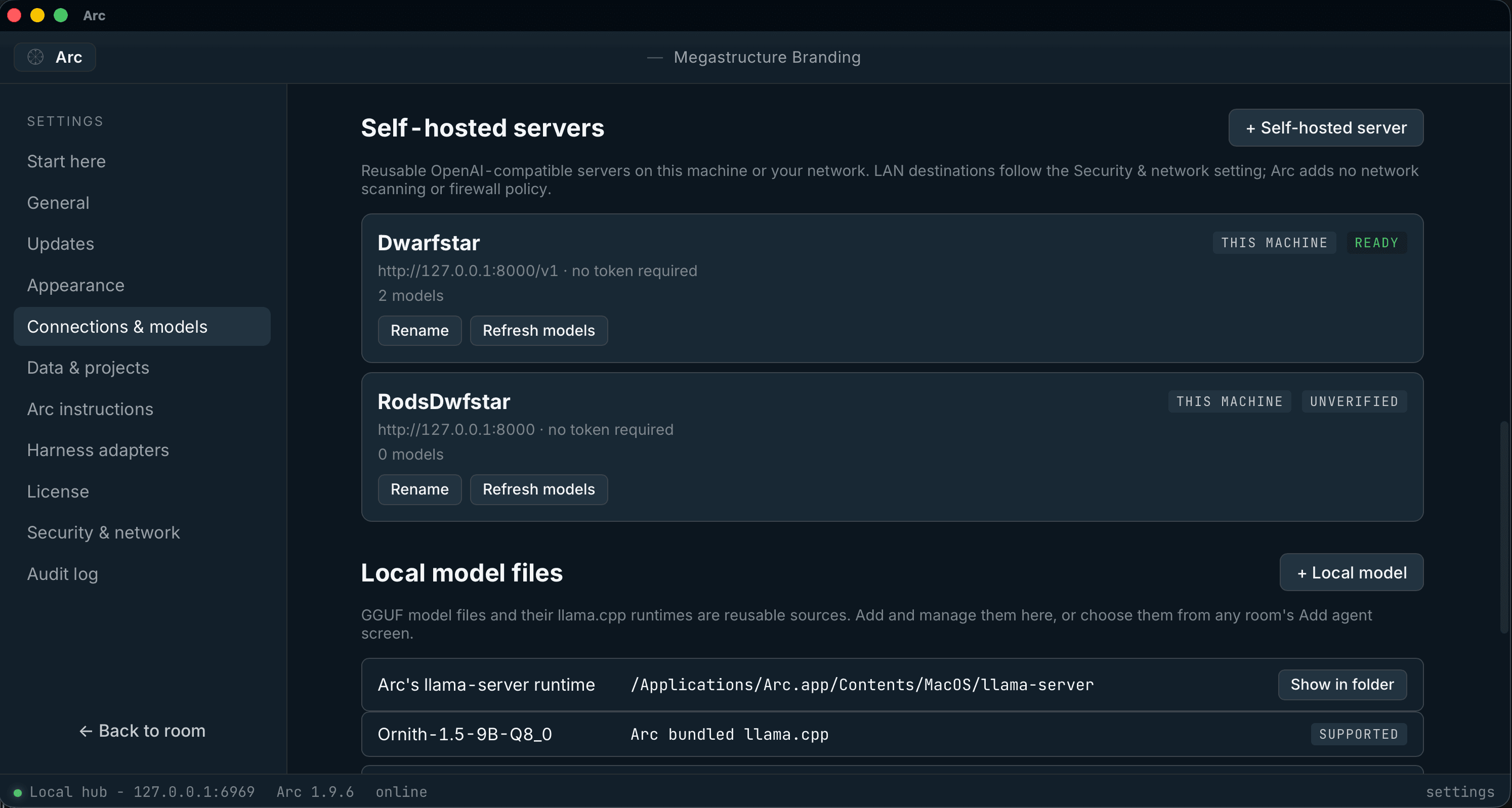 Arc connections and models settings with self-hosted servers and local model files.