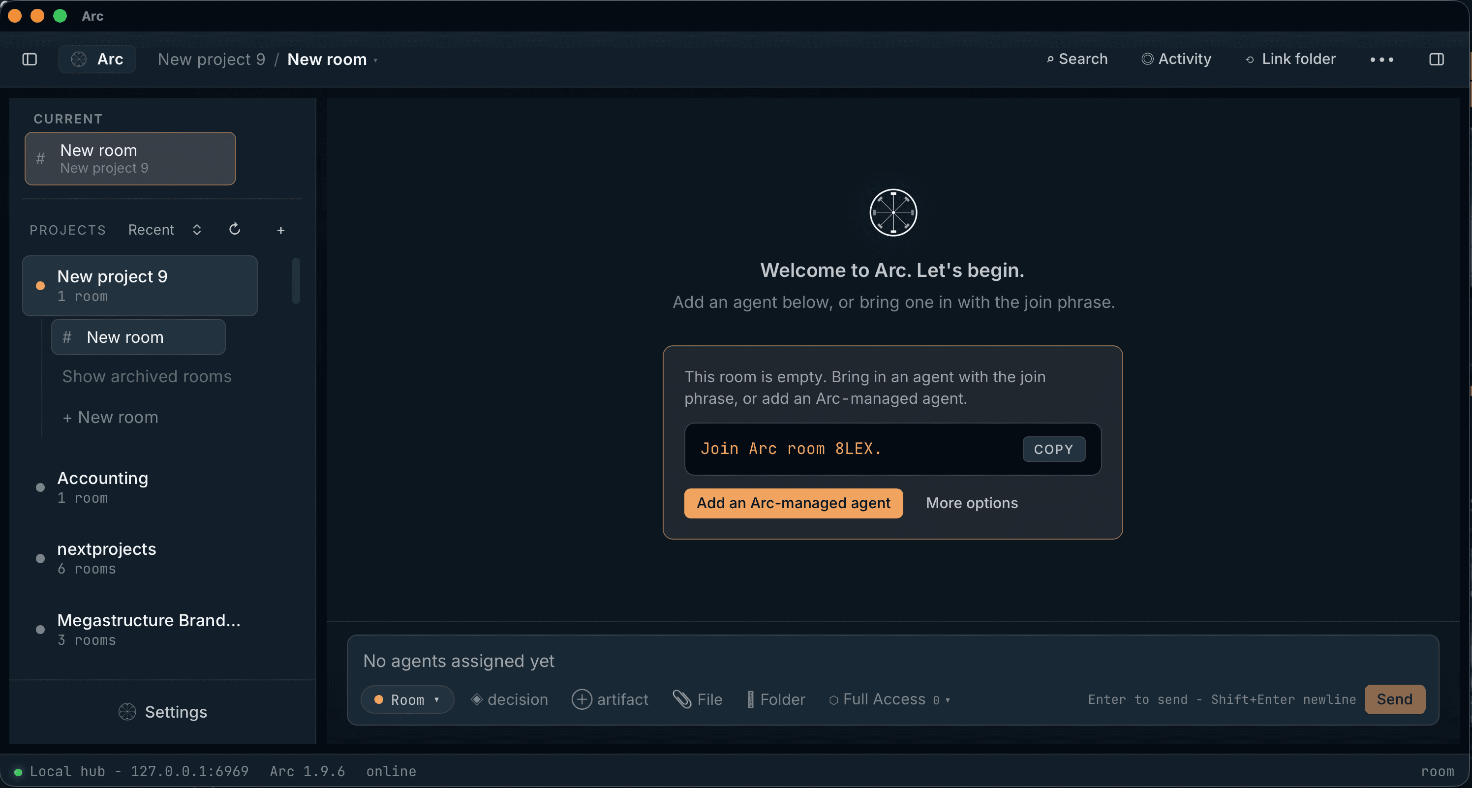 A new Arc room, ready to invite your agent or add an Arc-managed agent.